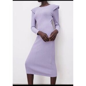 ZARA Ribbed Knit Midi Dress‎ Long Sleeve Ruffle Detail Zipper Neck Lavender M